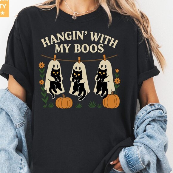 Halloween Ghost Tshirt, Spooky Season Cat Tee - Picture 1 of 4